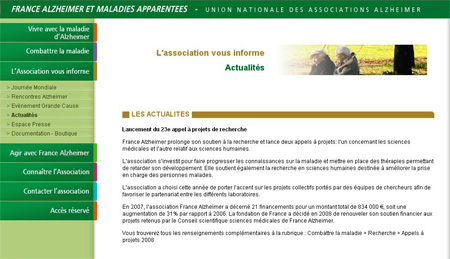 Appel d'Offres 2008 France Alzheimer pour l'attribution de financements à la recherche